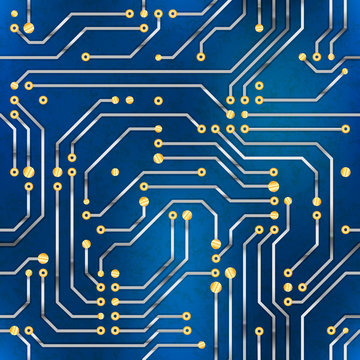 Computer microchip, seamless pattern on blue background