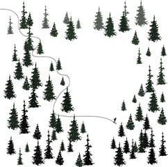 hand drawn template or card illustration with silhouettes of spruces and pines.forest and camping theme. trace of skier