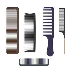 A set of different professional combs. Hairbrushes for hair isolated on white background. Vector illustration.