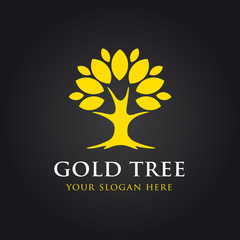 Golden tree vector logo. Stylish tree with leaves yellow or gold colored. Environmental, landscaping, fashion, parks, garden, relaxation, health care identity. Tree of life, healthy natural products.