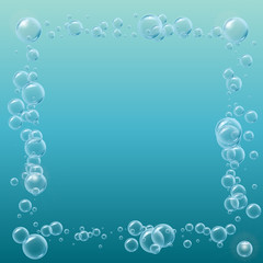 Square frame of realistic water bubbles. Template for aqua park, swimming pool, diving club design. Deep sea with bubbles and sprays underwater. Good for greeting card and party invitation.