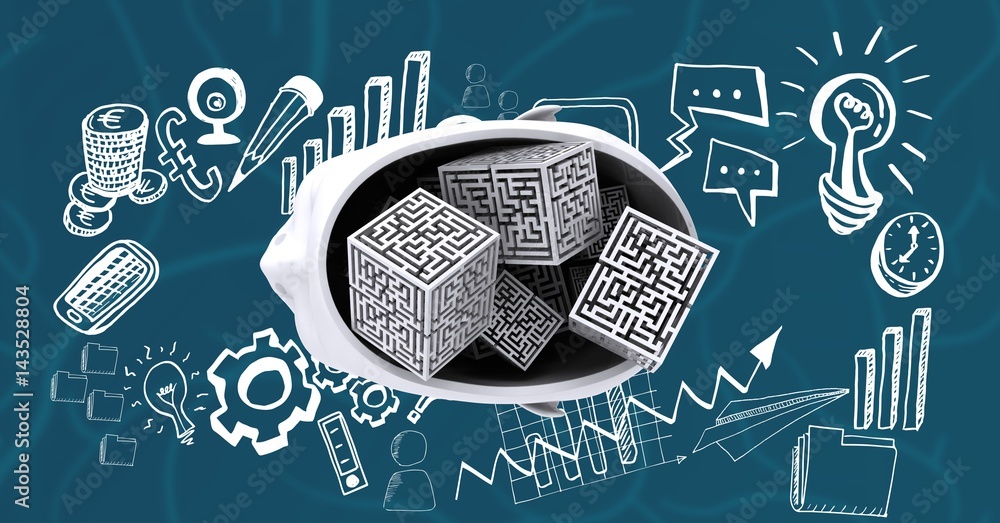Poster digital composite image of 3d brain surrounded by icons