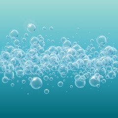 Horizontal stripe of realistic water bubbles. Shampoo or soup foam line. Template for web site background, flyer, banner. Good for greeting card and party invitation. Aqua park, swimming pool, diving.