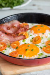 Close up, Pan of fried eggs, bacon and tomato.