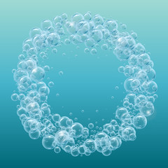 Round frame of realistic water bubbles. Template for aqua park, swimming pool, diving club design. Good for greeting card, banner, flyer, party invitation. Deep sea with bubbles and sprays underwater.