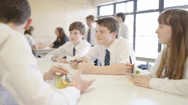  Children in school cafeteria at break time, eating healthy lunches & chatting