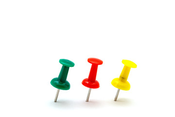 Set of colorful color push pins  isolated on white background.