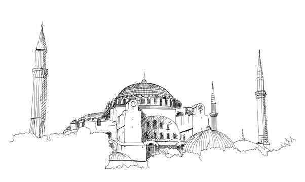 Hand drawn sketch of the world famous Blue mosque, Istanbul in vector illustration.