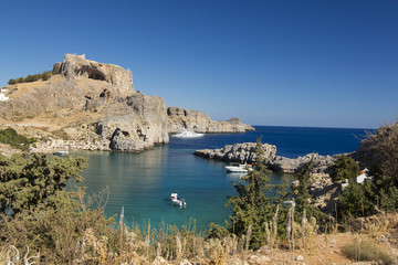 Panoramic view of  st, Paul's bay and Acropolis, Lindos, Rhodes, Greece