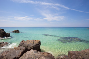 Seascape view with rocks,beautiful beach and sky ,scenery nature background.