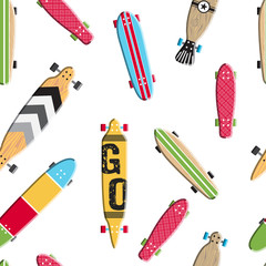 Seamless pattern with vector images skateboards, isolated on white background, wrapping skateboards