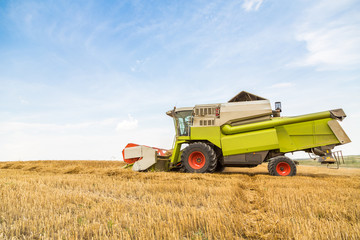 Obraz premium Combine harvester in action on wheat field. Harvesting is the process of gathering a ripe crop from the fields.
