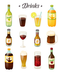 Set of different drinks, wine and beer on white background. Vector illustration