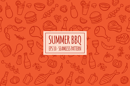 Seamless pattern with hand drawn doodle BBQ icons set. Vector illustration with summer barbecue elements collection. Cartoon meals, fish, drinks and ingredients on red background.