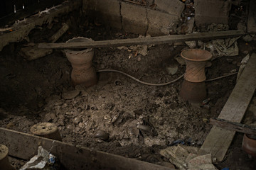 Earthenware tool and Clay, selective focus (detailed close-up shot)