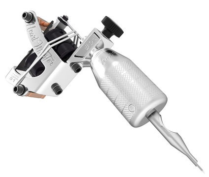 Metallic silver gloss tattoo machine with text and plastic tip.