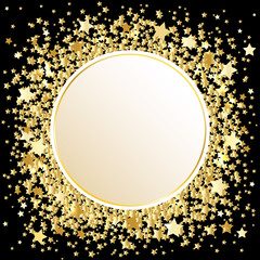 Gold glitter stars on black background with space for text, vector illustration