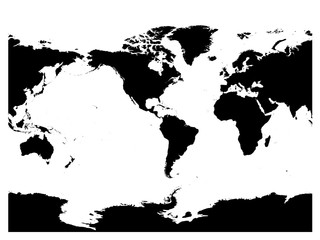 America centered world map. High detail black silhouette on white background. Vector illustration.