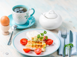 Delicious brunch with vegetarian sandwich, boiled egg