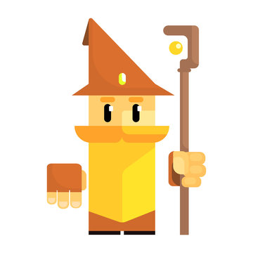 Cute cartoon gnome in a brown hat with a staff in his hands. Fairy tale, fantastic, magical colorful character