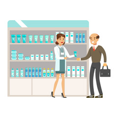 Man Teacher In Pharmacy Choosing And Buying Drugs And Cosmetics, Part Of Set Of Drugstore Scenes With Pharmacists And Clients