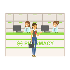 Woman In Vest And Tie In Pharmacy Choosing And Buying Drugs And Cosmetics, Part Of Set Of Drugstore Scenes With Pharmacists And Clients