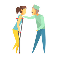 Doctor helping woman walking with crutches. Medical care concept. Colorful cartoon characters
