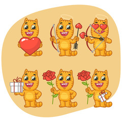 Set Character Cat Holding Flower Gift Heart Arrows and Bow