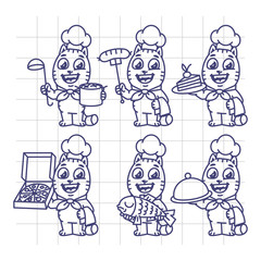 Sketch Set Cat Character Chef Holding Various Objects