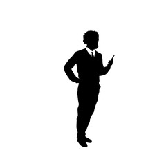 Fototapeta na wymiar Business Man Black Silhouette Using Cell Smart Phone Full Length Over White Background Flat Vector Illustration