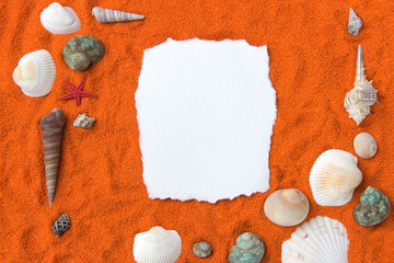Beautiful background of colored sand, shells, stones and place for an inscription