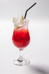Cold straw red drink with berry, apple and mint leaf.