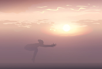Fototapeta na wymiar Yoga Sport Fitness Woman Exercise Workout Silhouettes Girl Sunset Background Vector Illustration