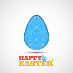 Vector poster of blue Easter egg with white geometric pattern and color text on the gradient gray background.