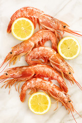 Raw shrimps with slices of lemon and copyspace