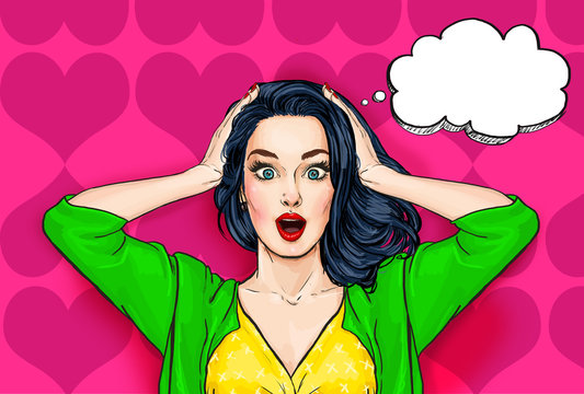 Pop Art illustration, surprised girl.Comic woman. Shocked woman on pink background. 