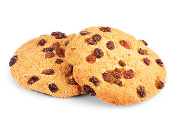 Oatmeal cookies with raisin on white background
