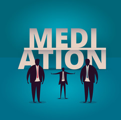 Mediation concept. Mediator assists disputing parties. Resolving conflict or dispute resolution illustartion. Mediate businessman arbitrates or separates parties.
