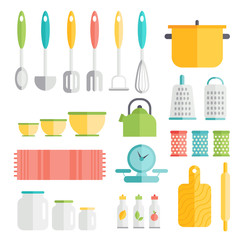 Kitchen utensils in flat style design. Cooking kitchenware icons. Interior and food preparation tools and instruments.