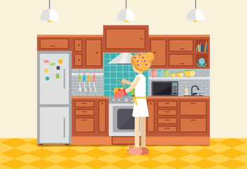 Young woman or girl cooking dinner in kitchen. Housewife preparing food at stove. Cartoon character inside kitchen interior at home. Flat design vector illustration.