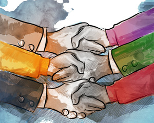 hand shake business concept of partnership deal agreement together lot of hand as a team multilateral trade
