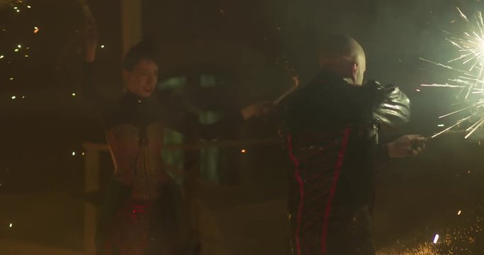 Fire performers, fire show. Slow motion