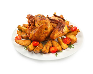 Plate with roasted beer can chicken on white background