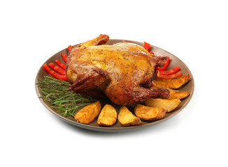 Plate with roasted beer can chicken on white background