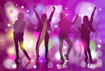 Silhouette Woman Group Dancing Night Club Light Flat Vector Illustration