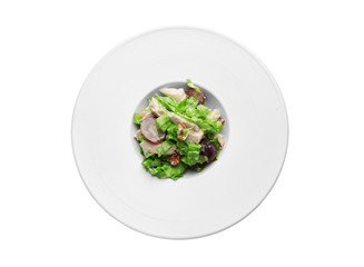 Plate with chicken salad and grapes on white background