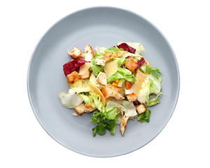 Plate with chicken salad on white background