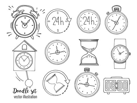 Set of doodle sketch watches. Alarm clocks, sand glasses, stop-watch and timer. Time icon in Hand-drawn style. Vector illustration.