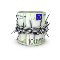 Forbidden money euros / 3D illustration of rolled up hundred euro notes tied with barbed wire