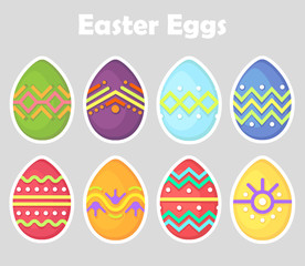 Set of Easter eggs, colored, oval, bright with a white outline isolated on a gray background. Geometric patterns with lines and points. Spring holiday. Vector Illustration.
